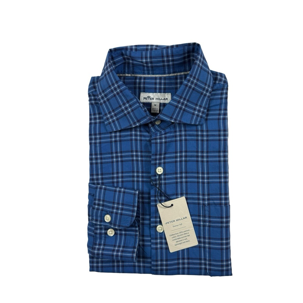 Peter Millar Blue Navy White Check Current Cotton Button Front Size M NWT